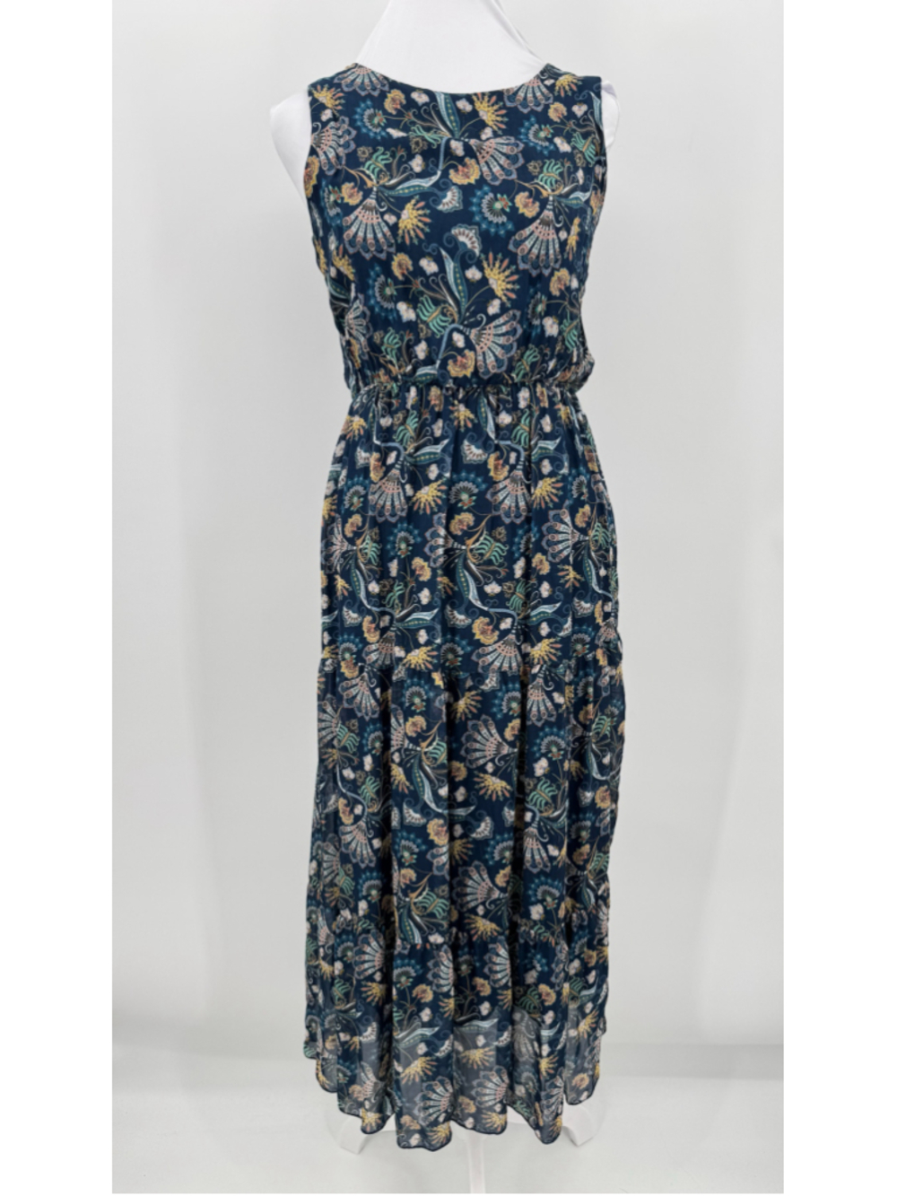 Lara Guidotti Silk Blend Dress Blue Boho Floral Sleeveless Made in Italy Tiered